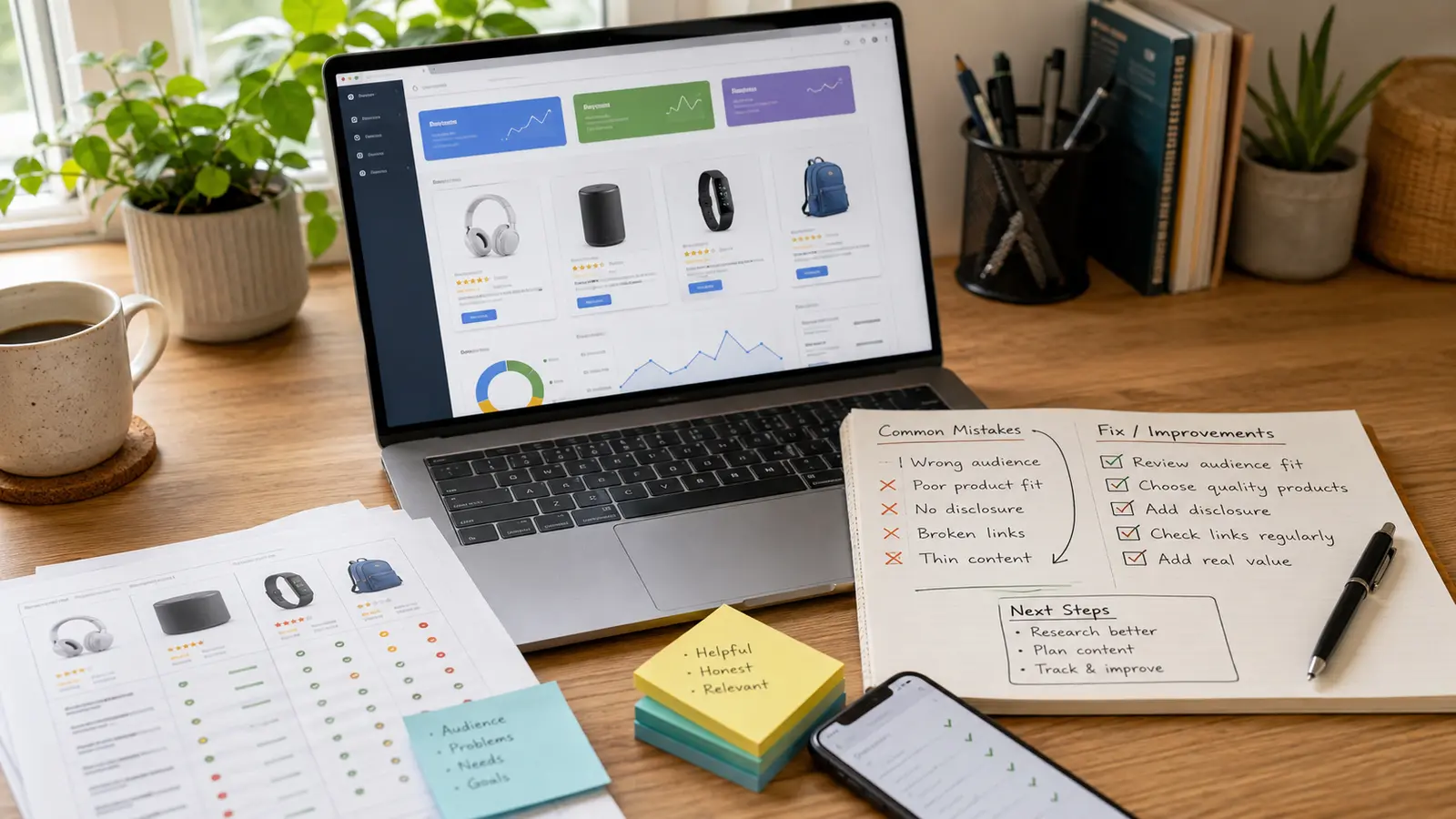 Affiliate product research workspace with a checklist showing common mistakes and practical improvements