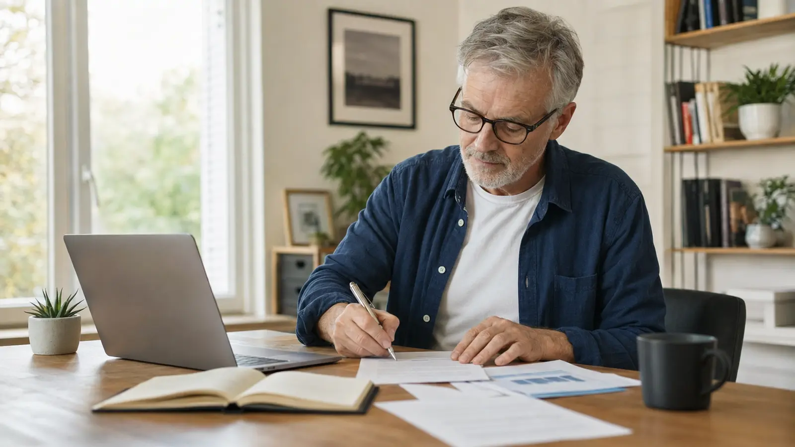 Mature home-based business owner calmly correcting a mistake in his paperwork