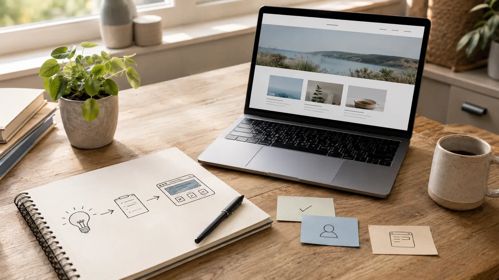 Notebook showing an idea developing into an online business website beside an open laptop