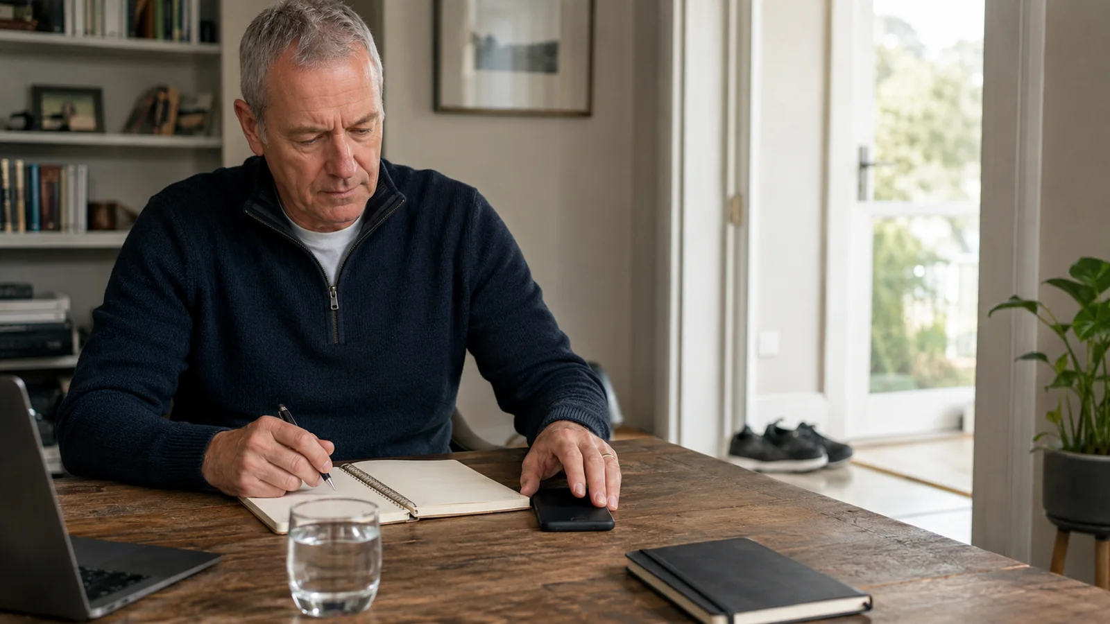 Mature home-based business owner reviewing a notebook while changing his daily habits