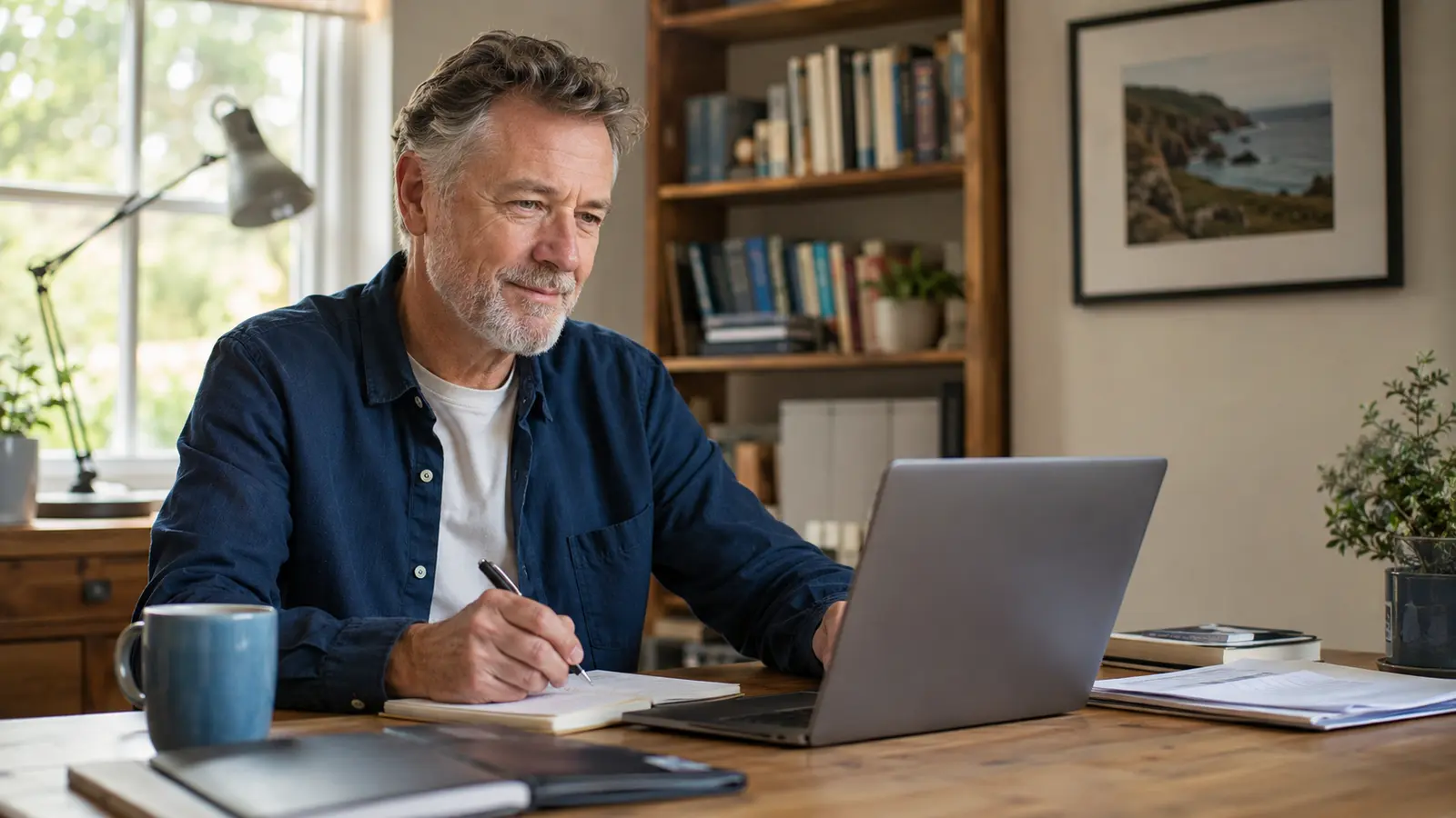 Mature man developing a fulfilling new career from his home office