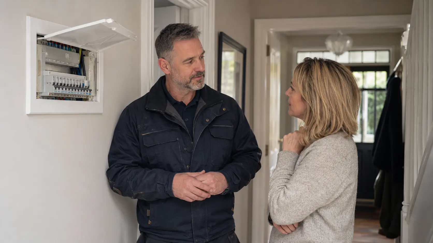 Electrical contractor discussing work with a customer at a property