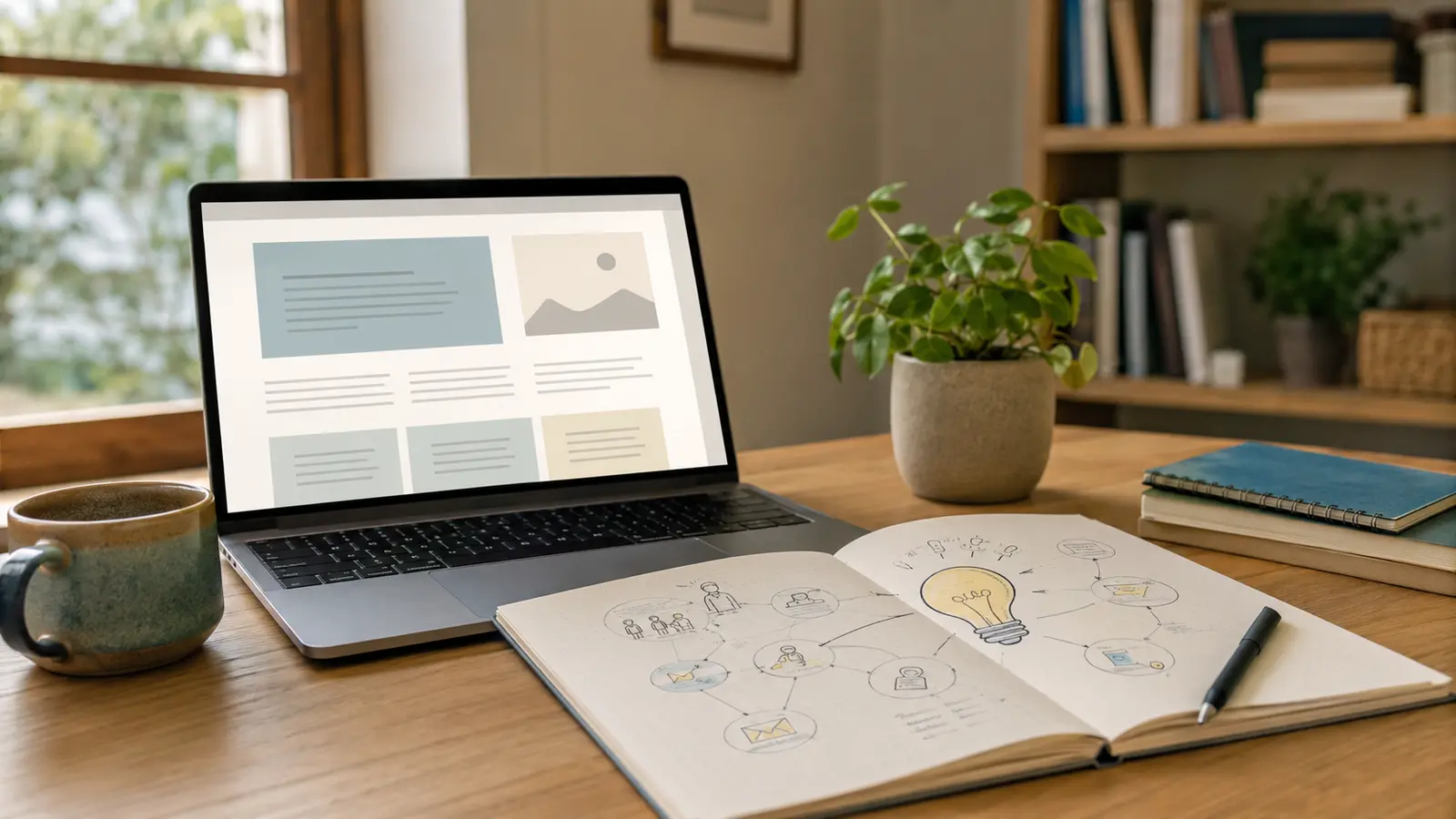 Laptop and idea notebook representing helpful and valuable online marketing content