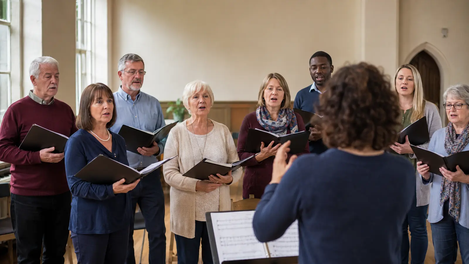 Community choir members working together under the direction of their conductor