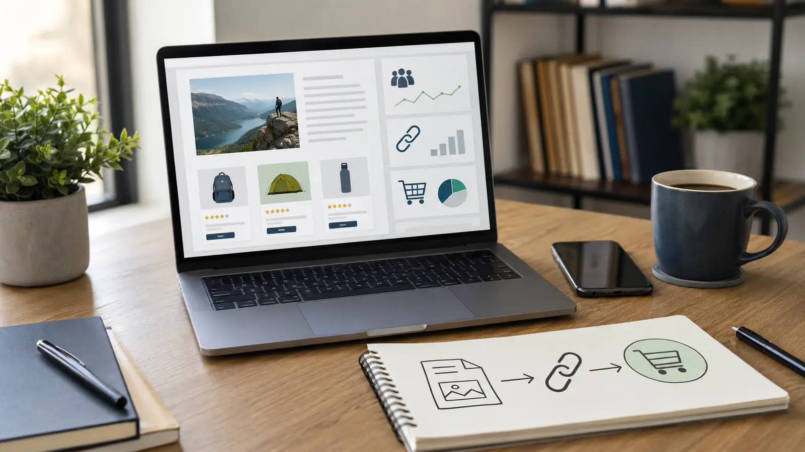 Laptop displaying product recommendations and affiliate tracking beside a notebook showing the content-to-purchase process