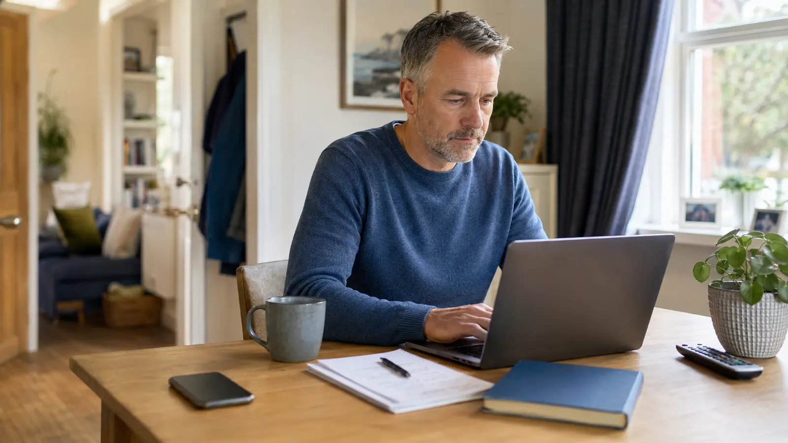 Home-based business owner concentrating on laptop work with his mobile telephone placed out of reach