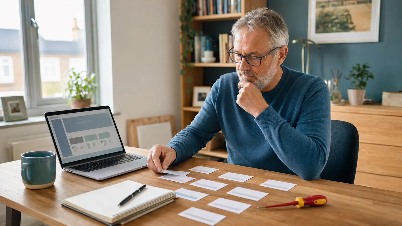 Experienced business owner planning an online business using practical and digital skills at a home-office desk