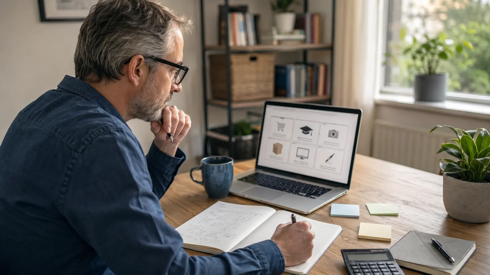 Mature business owner comparing online business ideas and making notes at a home-office desk
