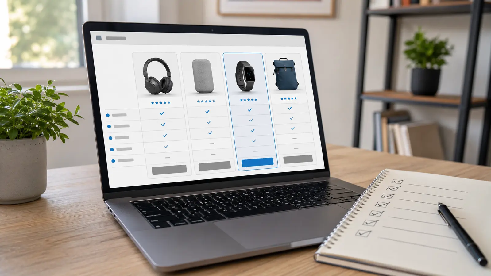 Laptop displaying an affiliate product comparison beside a product evaluation checklist