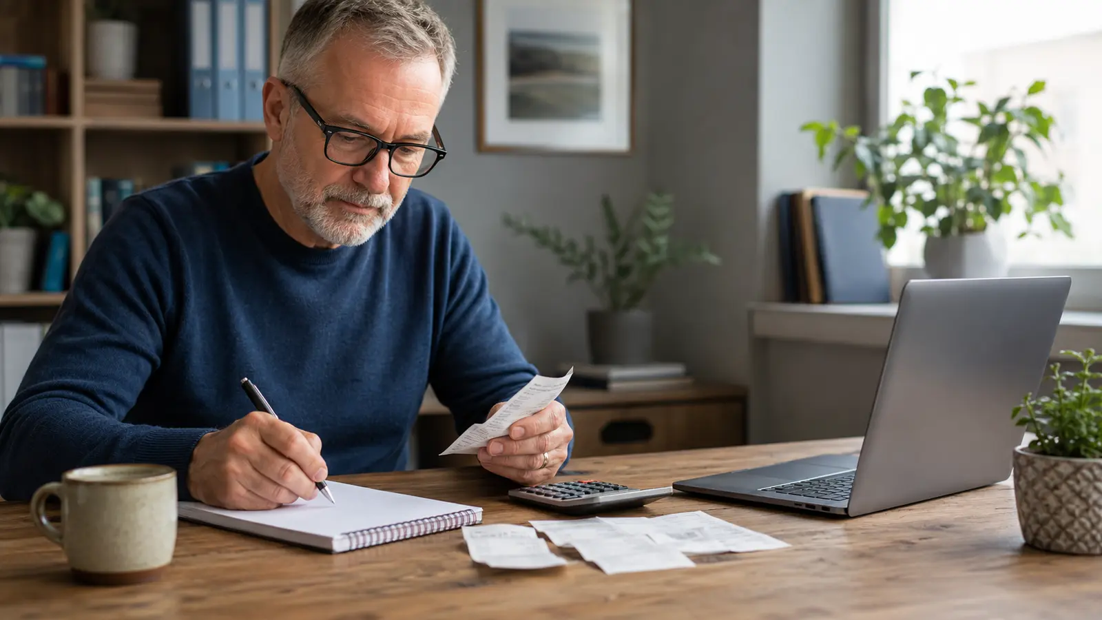 Mature business owner reviewing expenses while planning an affordable online business at home