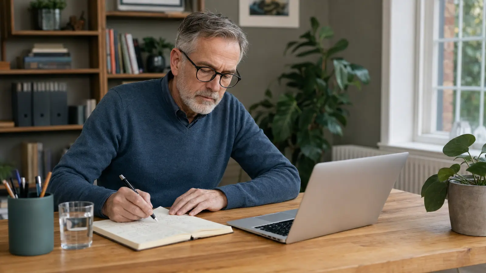 Mature home-based business owner using a notebook to plan a focused work session