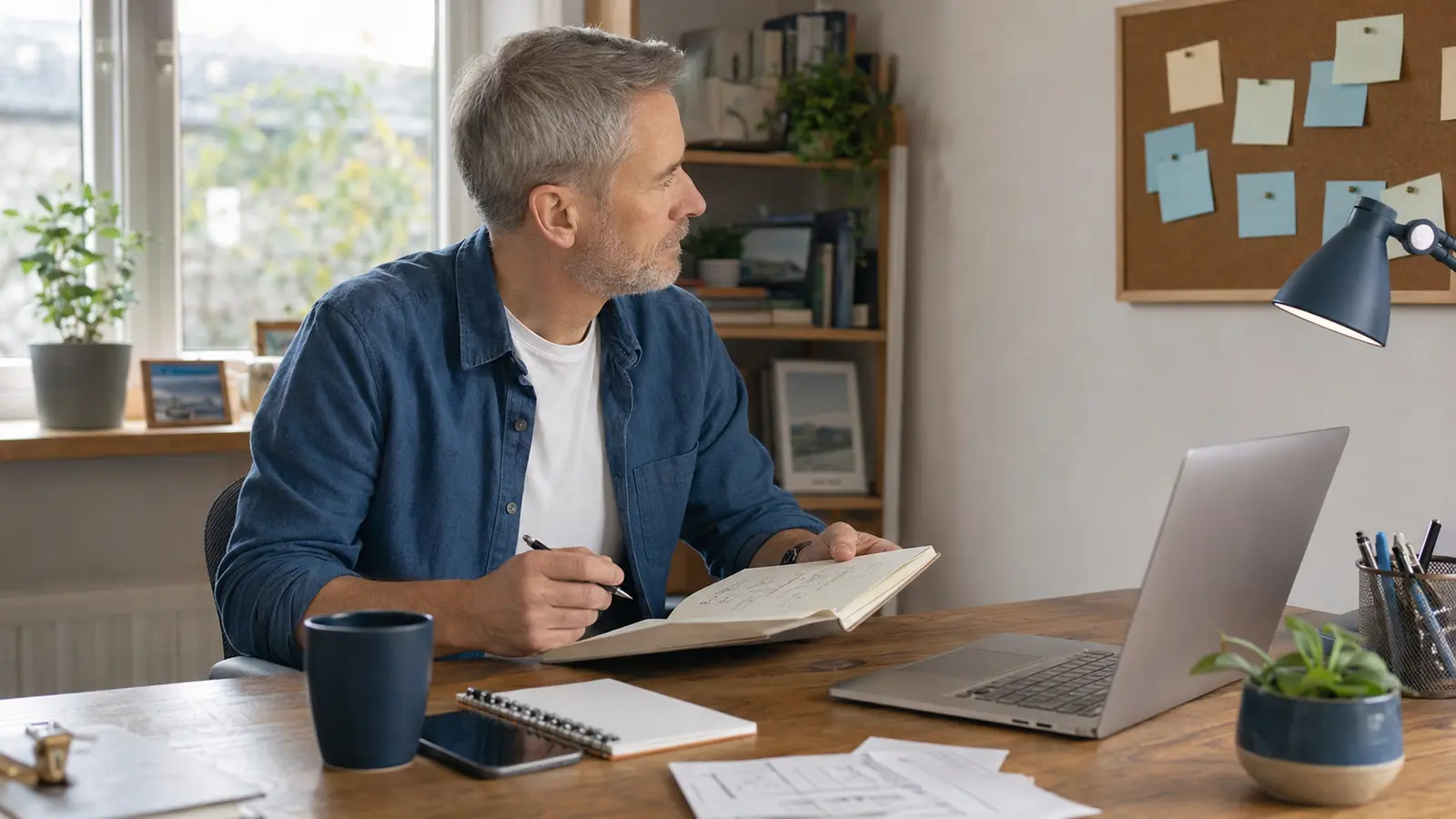 Mature home-based business owner reviewing a plan with a clear destination in mind