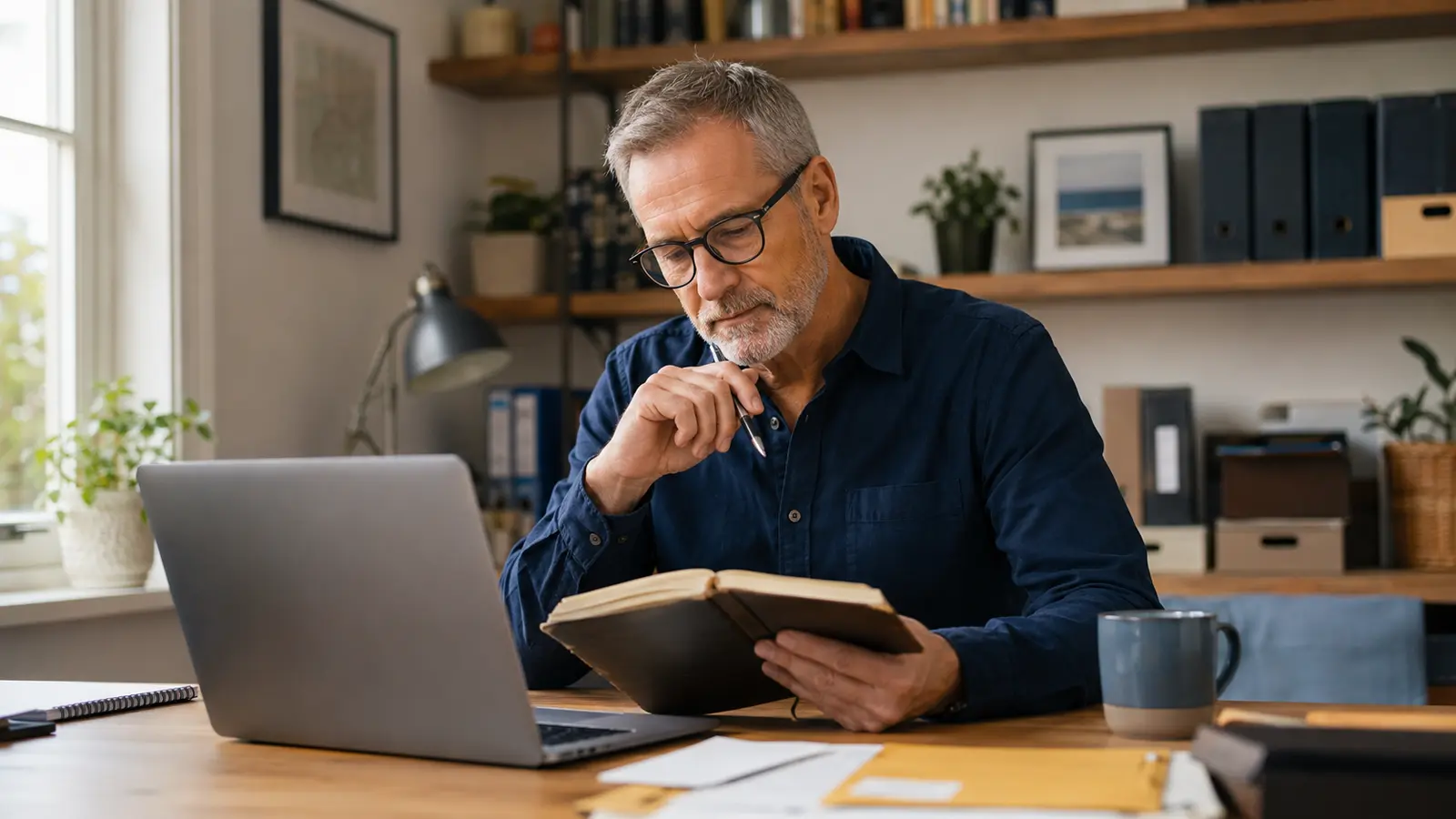 Mature home-based business owner applying lessons from an old notebook to his current work