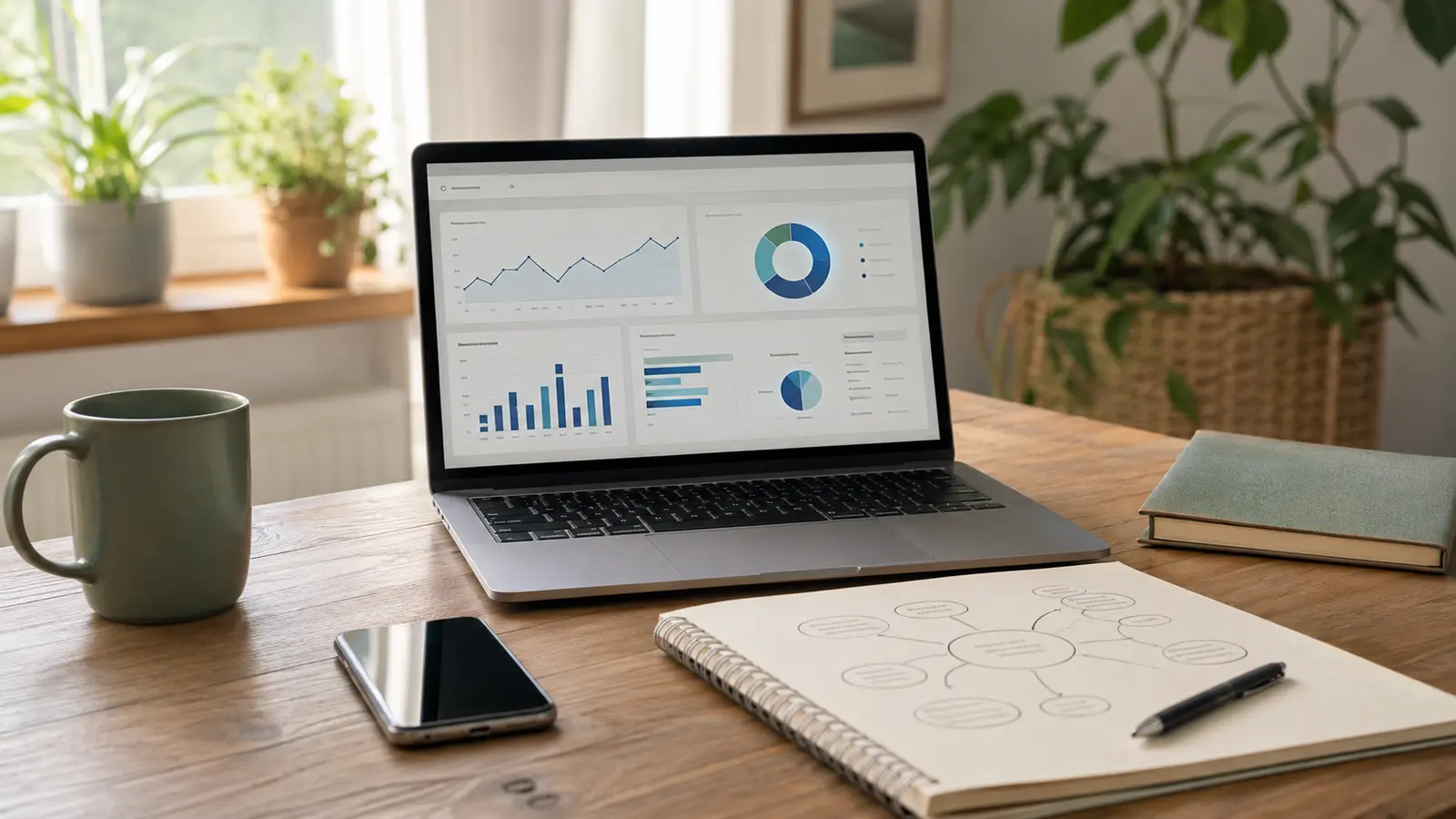 Laptop and planning notebook used to choose online marketing strategies