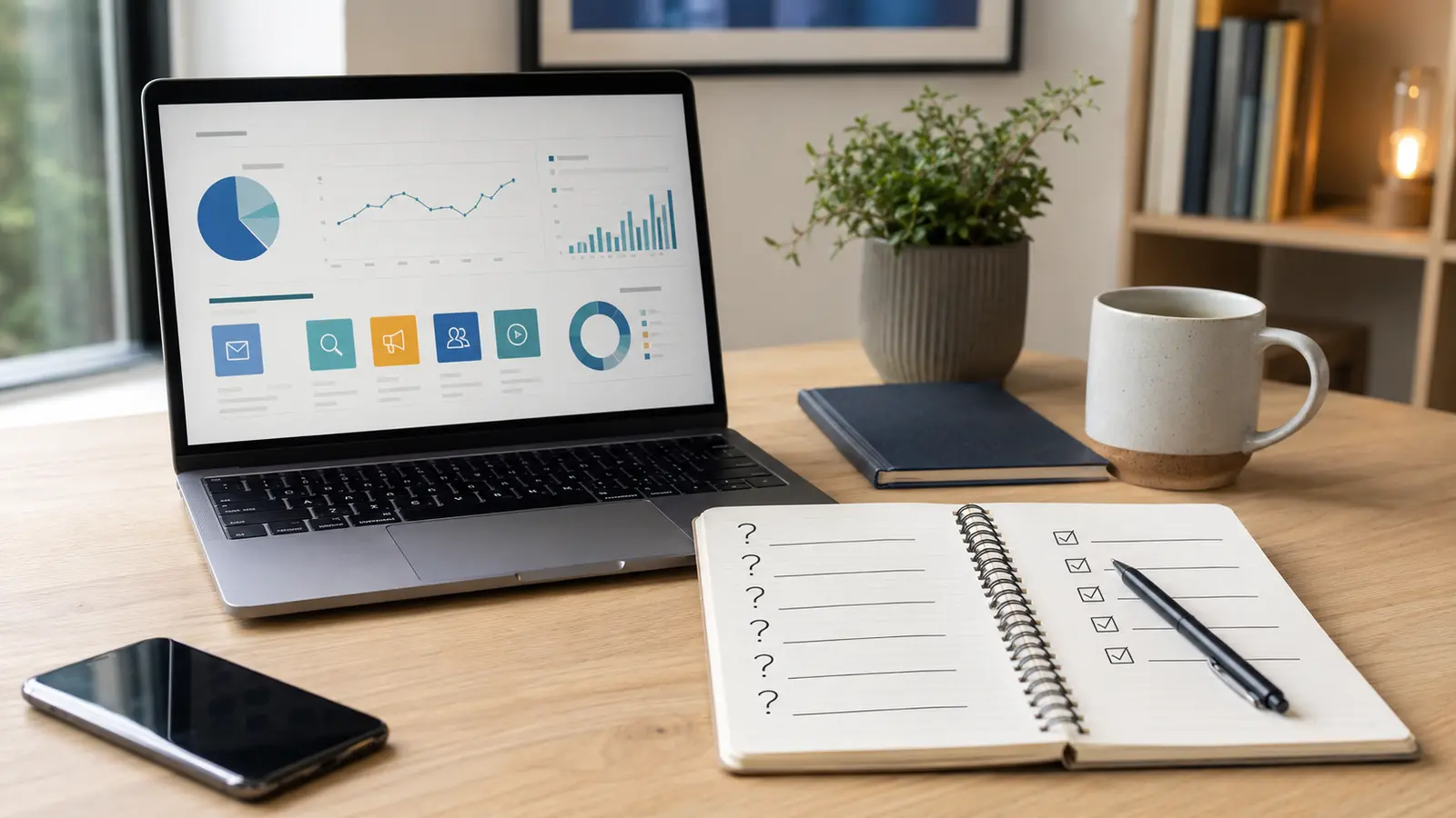 Laptop with marketing analytics beside a notebook containing campaign questions and a checklist