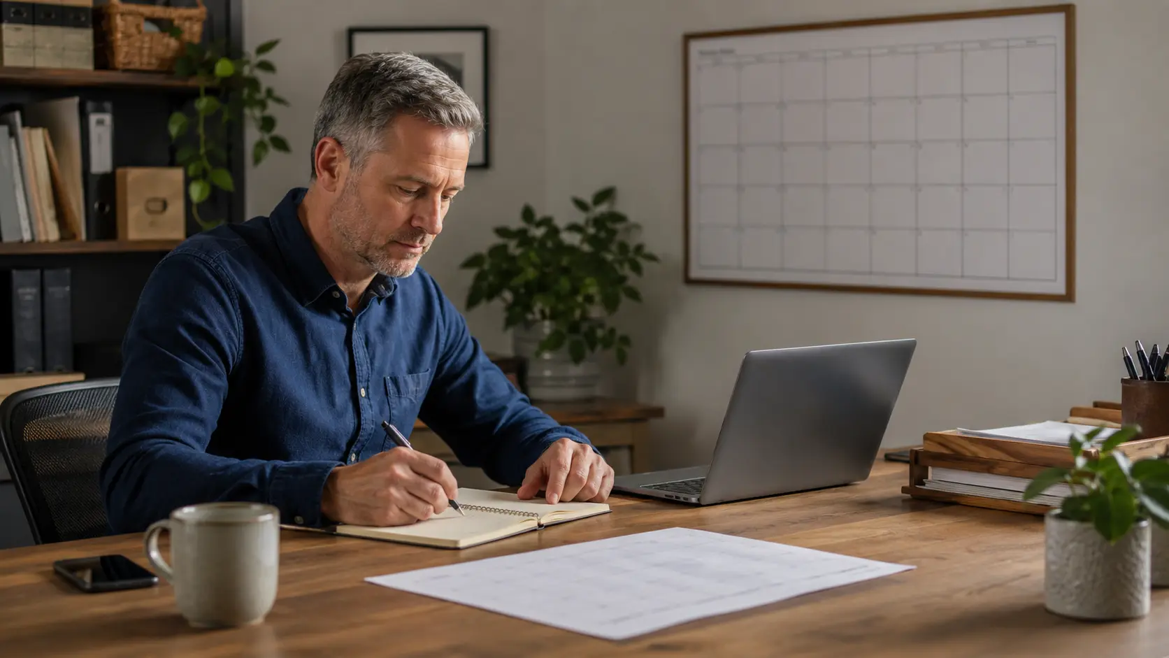 Business owner creating a simple online marketing plan at a desk