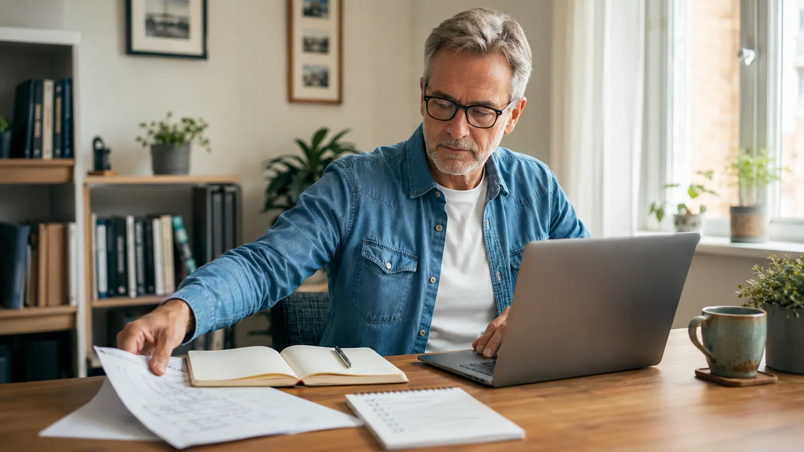 Mature home-based business owner taking the first practical step on a planned project