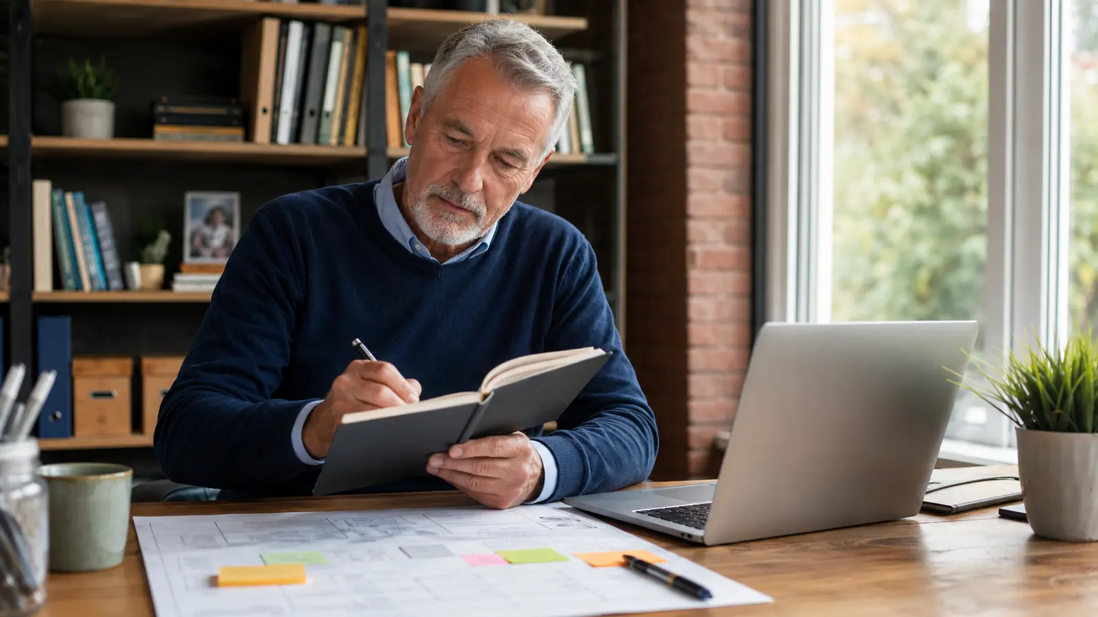 Mature home-based business owner applying personal development lessons to his business plans