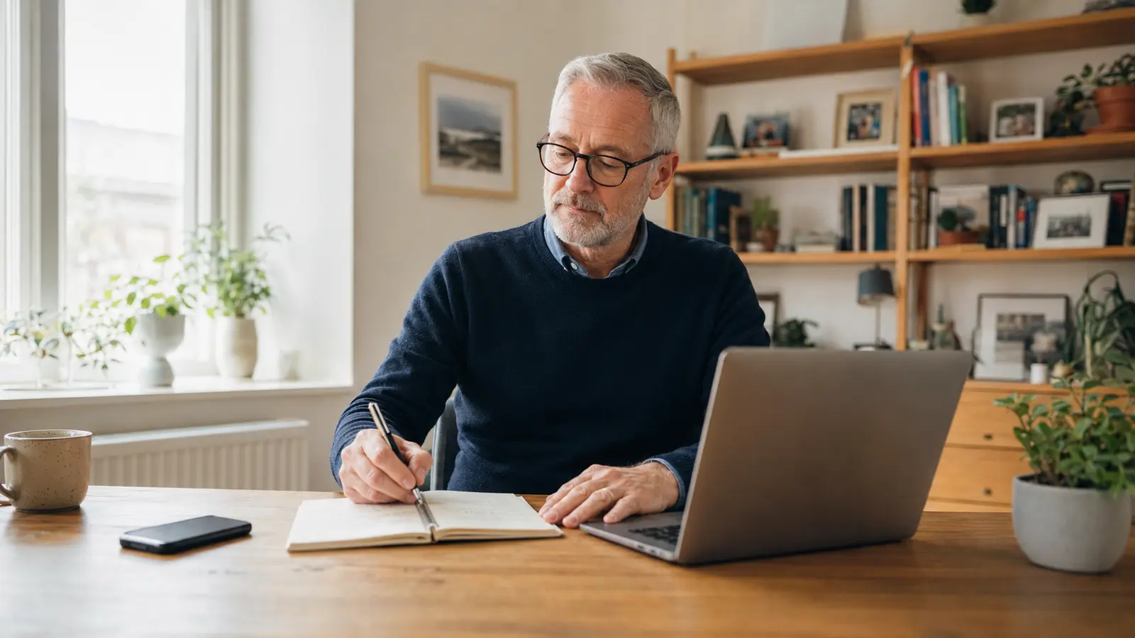 Mature home-based business owner writing down his next priority to regain focus