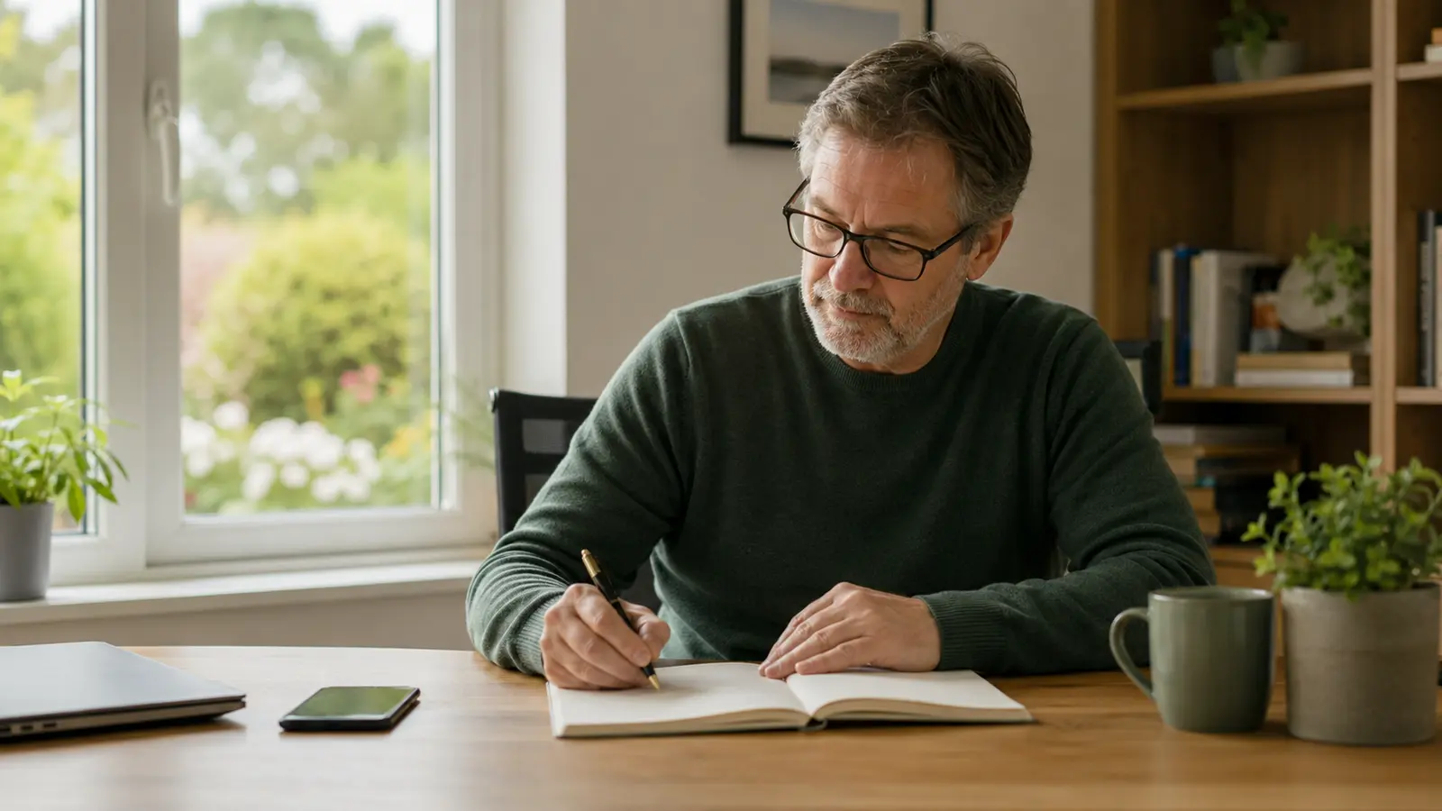 Mature home-based business owner concentrating on writing in a notebook