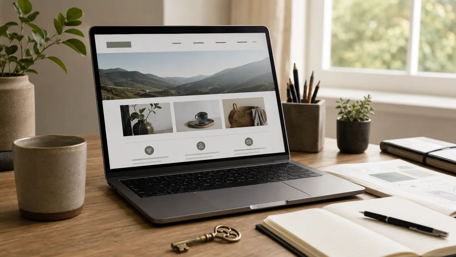 Business website displayed on a laptop beside planning notes and a key representing ownership